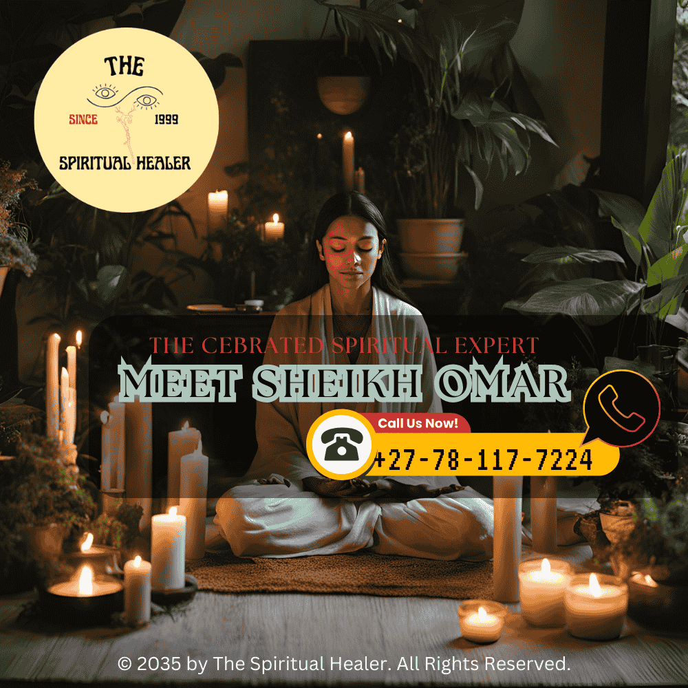 An individual meditating with a love spell kit on an altar, surrounded by a serene environment of plants and candlelight. (1)