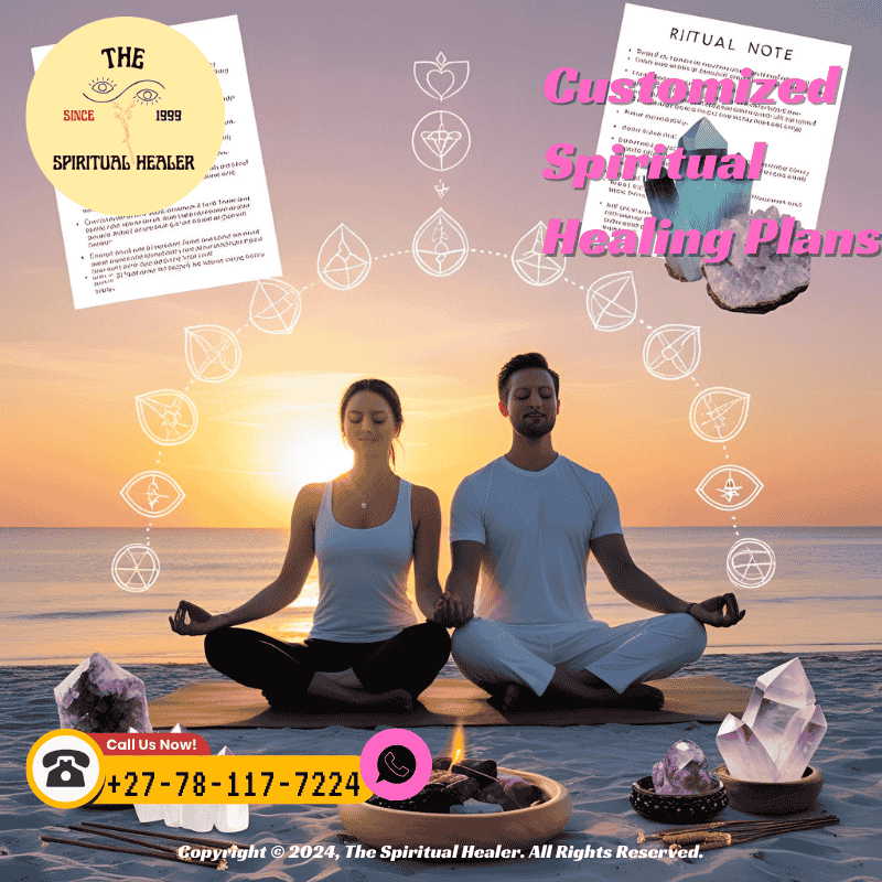 Couple meditating together with guidance notes and ritual items